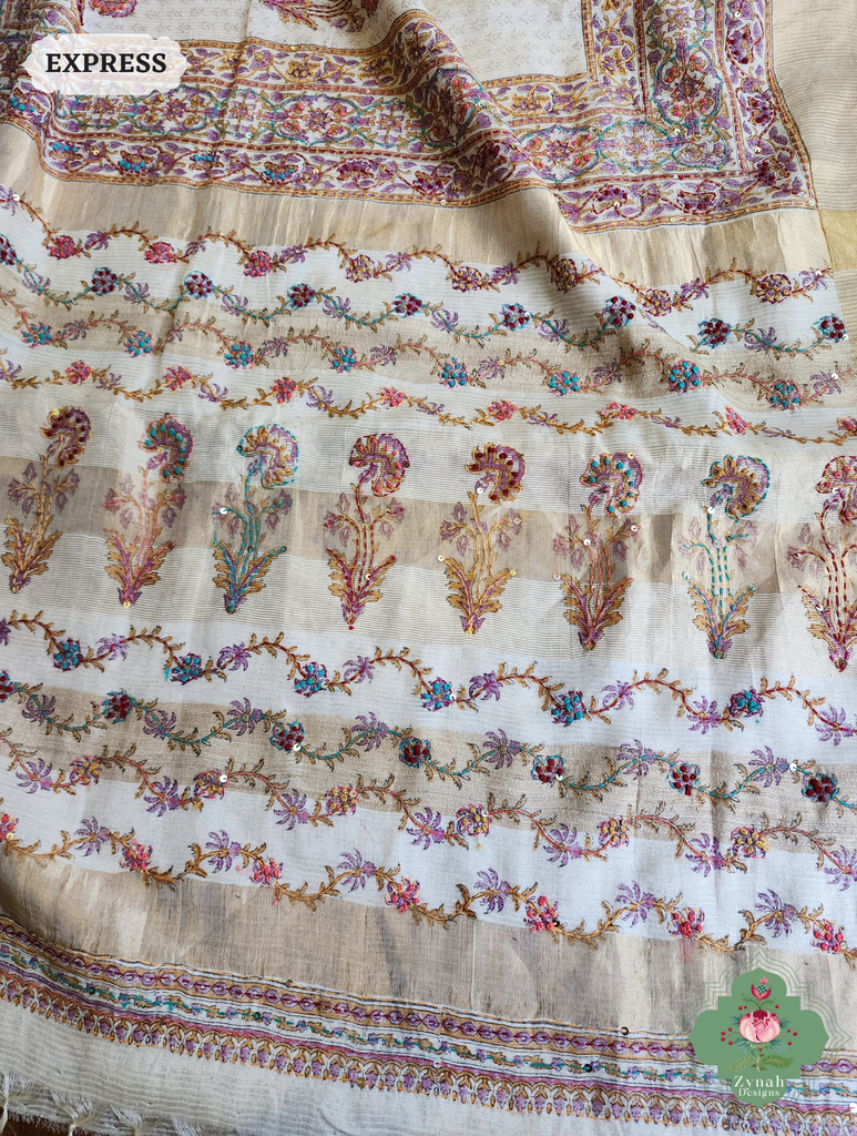 Zynah Off White Pure Kota Tussar Silk Half & Half Saree With Hand Block Print & Hand Embroidery; Custom Stitched/Ready-made Blouse, Fall, Petticoat; SKU: 1209202403