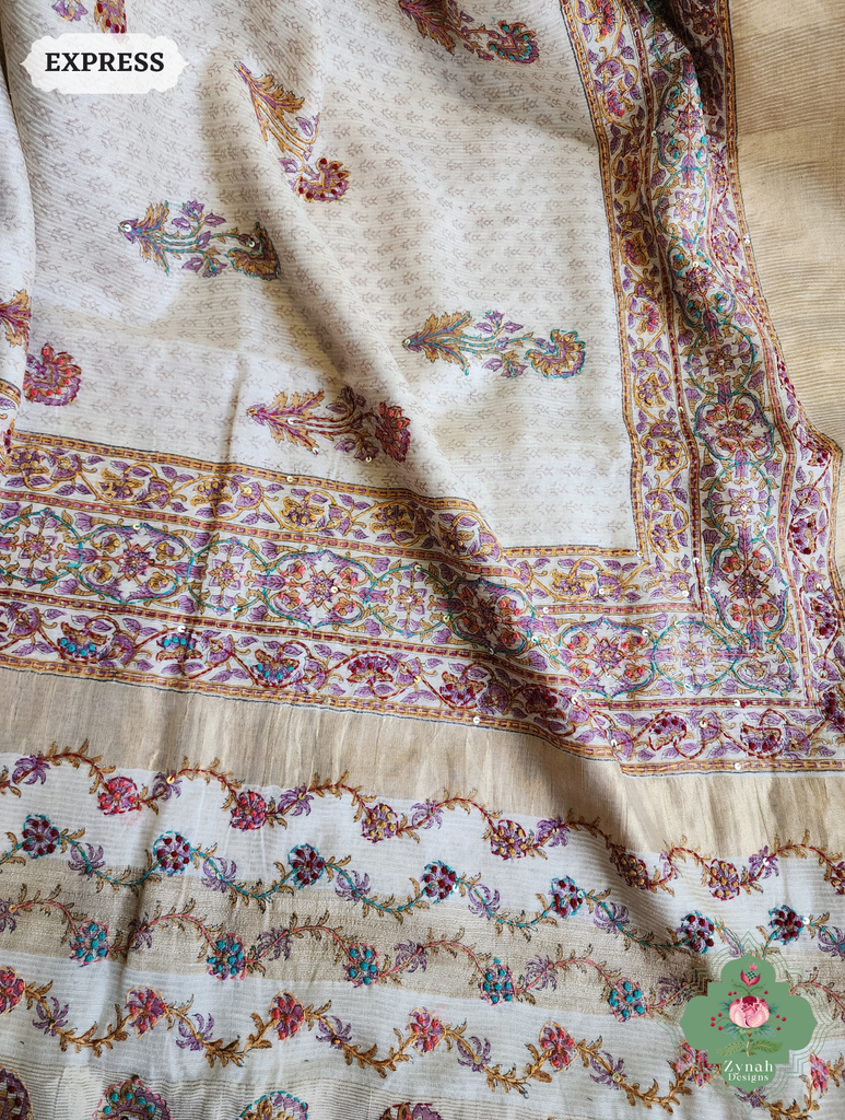Zynah Off White Pure Kota Tussar Silk Half & Half Saree With Hand Block Print & Hand Embroidery; Custom Stitched/Ready-made Blouse, Fall, Petticoat; SKU: 1209202403