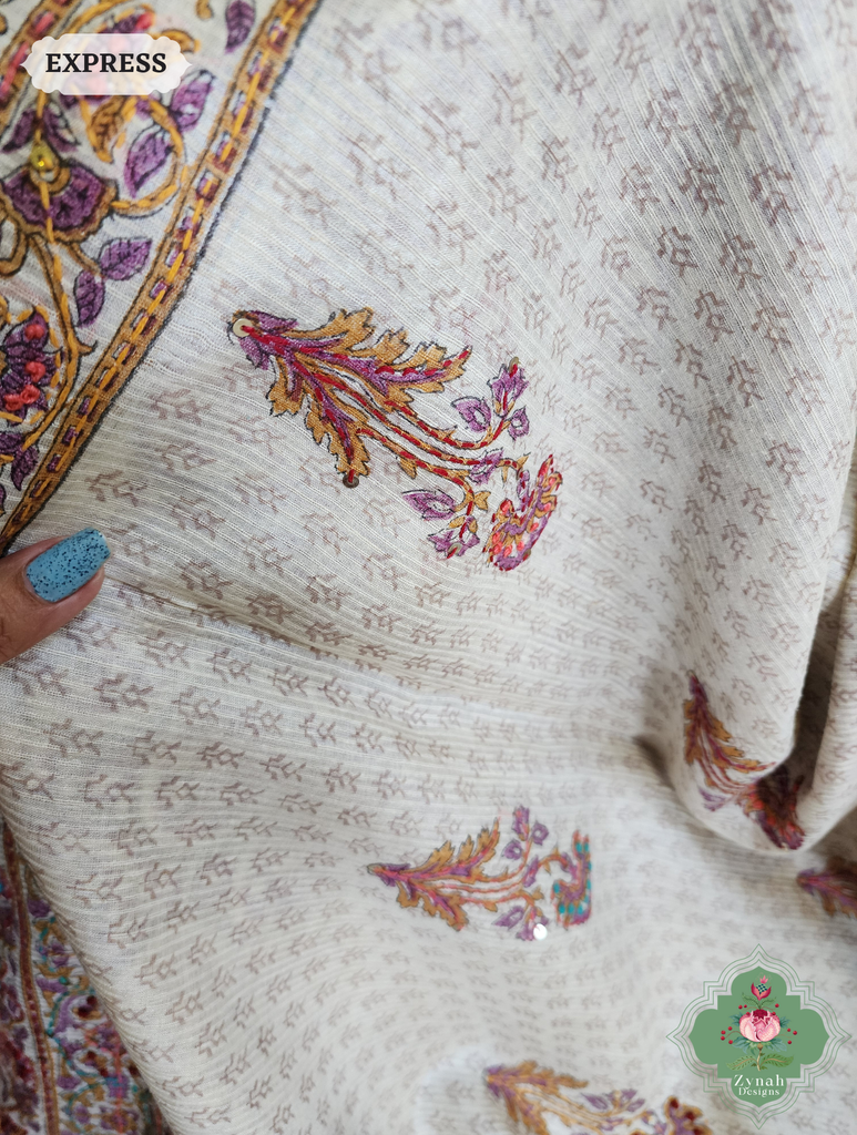Zynah Off White Pure Kota Tussar Silk Half & Half Saree With Hand Block Print & Hand Embroidery; Custom Stitched/Ready-made Blouse, Fall, Petticoat; SKU: 1209202403