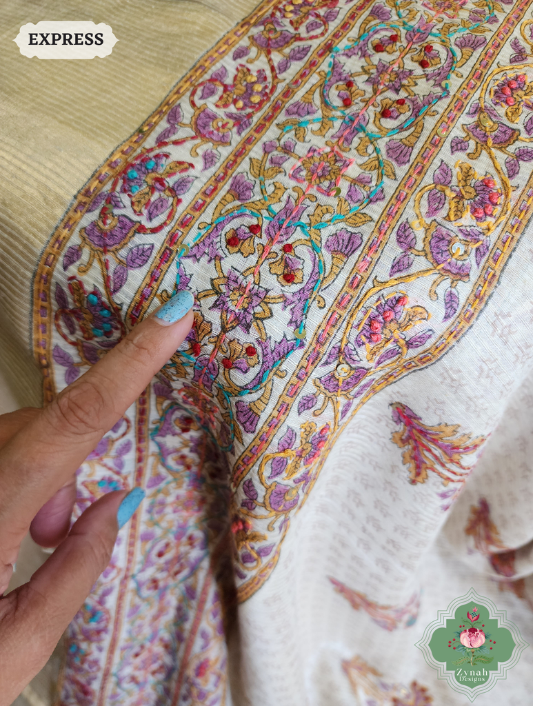 Zynah Off White Pure Kota Tussar Silk Half & Half Saree With Hand Block Print & Hand Embroidery; Custom Stitched/Ready-made Blouse, Fall, Petticoat; SKU: 1209202403