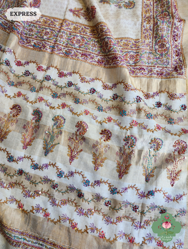 Zynah Off White Pure Kota Tussar Silk Half & Half Saree With Hand Block Print & Hand Embroidery; Custom Stitched/Ready-made Blouse, Fall, Petticoat; SKU: 1209202403