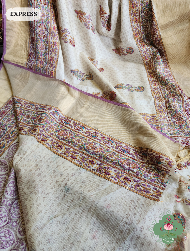 Zynah Off White Pure Kota Tussar Silk Half & Half Saree With Hand Block Print & Hand Embroidery; Custom Stitched/Ready-made Blouse, Fall, Petticoat; SKU: 1209202403