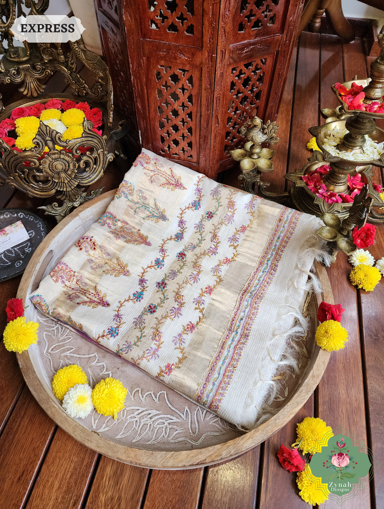 Zynah Off White Pure Kota Tussar Silk Half & Half Saree With Hand Block Print & Hand Embroidery; Custom Stitched/Ready-made Blouse, Fall, Petticoat; SKU: 1209202403