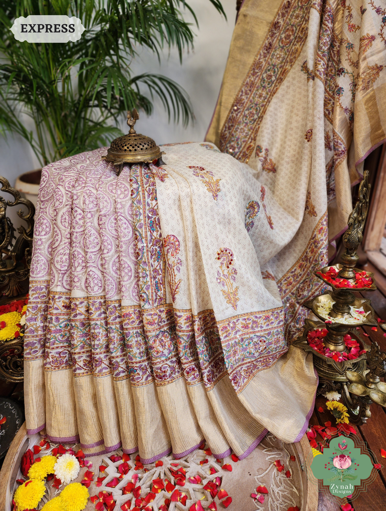 Zynah Off White Pure Kota Tussar Silk Half & Half Saree With Hand Block Print & Hand Embroidery; Custom Stitched/Ready-made Blouse, Fall, Petticoat; SKU: 1209202403