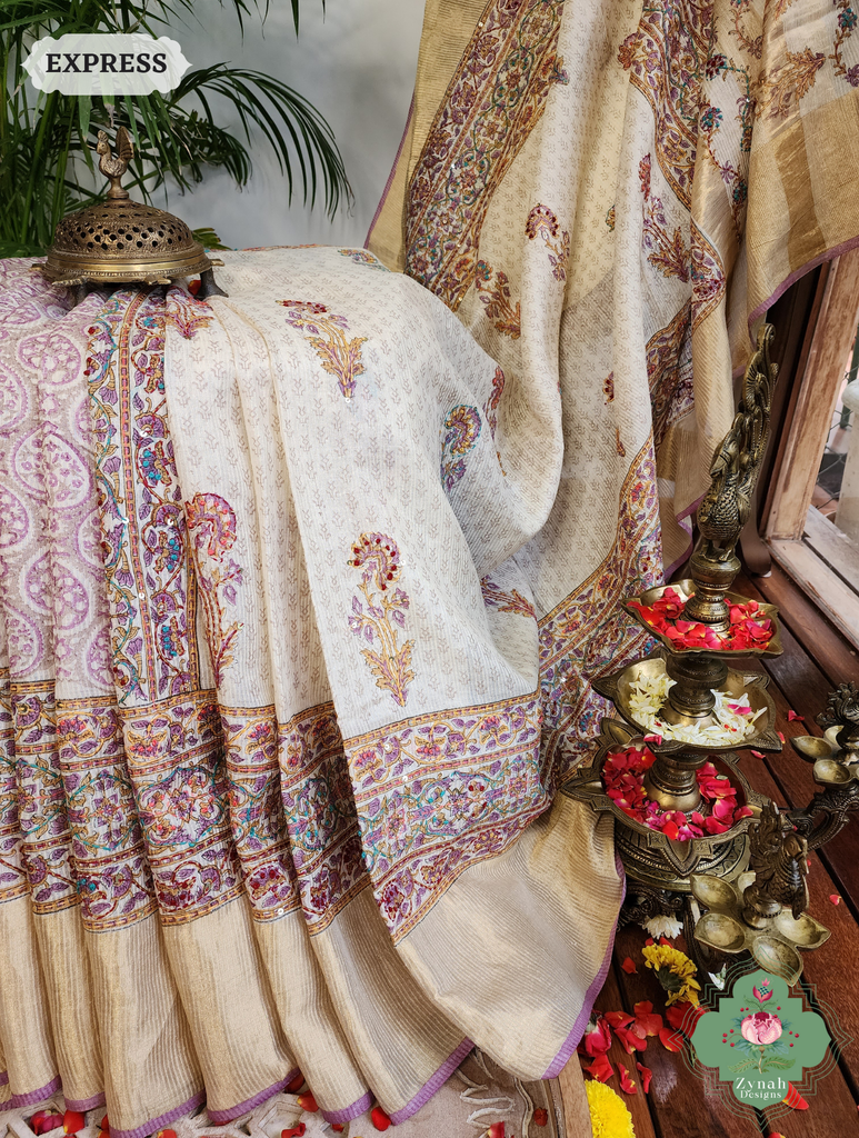 Zynah Off White Pure Kota Tussar Silk Half & Half Saree With Hand Block Print & Hand Embroidery; Custom Stitched/Ready-made Blouse, Fall, Petticoat; SKU: 1209202403