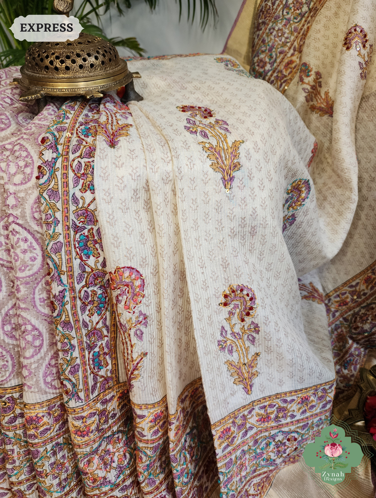 Zynah Off White Pure Kota Tussar Silk Half & Half Saree With Hand Block Print & Hand Embroidery; Custom Stitched/Ready-made Blouse, Fall, Petticoat; SKU: 1209202403