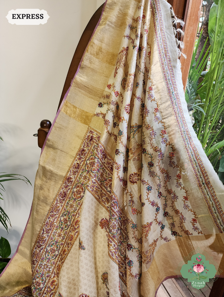 Zynah Off White Pure Kota Tussar Silk Half & Half Saree With Hand Block Print & Hand Embroidery; Custom Stitched/Ready-made Blouse, Fall, Petticoat; SKU: 1209202403