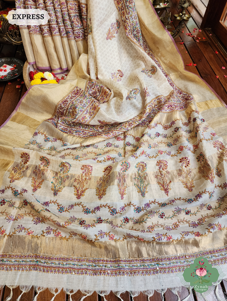 Zynah Off White Pure Kota Tussar Silk Half & Half Saree With Hand Block Print & Hand Embroidery; Custom Stitched/Ready-made Blouse, Fall, Petticoat; SKU: 1209202403