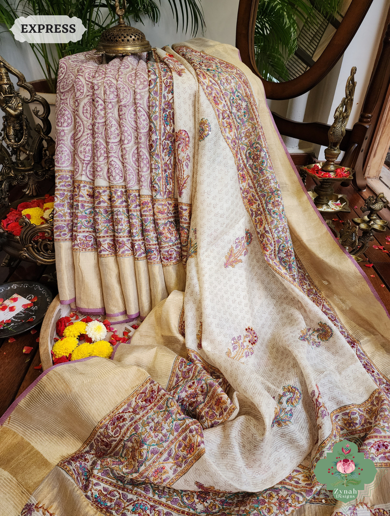 Zynah Off White Pure Kota Tussar Silk Half & Half Saree With Hand Block Print & Hand Embroidery; Custom Stitched/Ready-made Blouse, Fall, Petticoat; SKU: 1209202403
