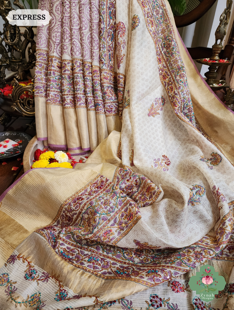 Zynah Off White Pure Kota Tussar Silk Half & Half Saree With Hand Block Print & Hand Embroidery; Custom Stitched/Ready-made Blouse, Fall, Petticoat; SKU: 1209202403