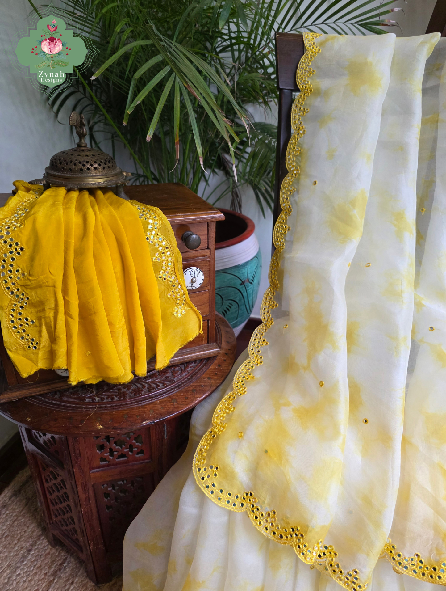 Manjari Off White / Yellow Organza Silk Saree With Hand Mirrorwork
