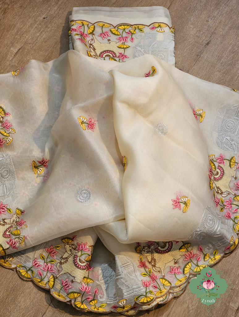 Zynah Pure Organza Silk Sarees With Elephant Pichwai Embroidery & Scallop Border; Custom Stitched/Ready-made Blouse, Fall, Petticoat; SKU: 0401202410