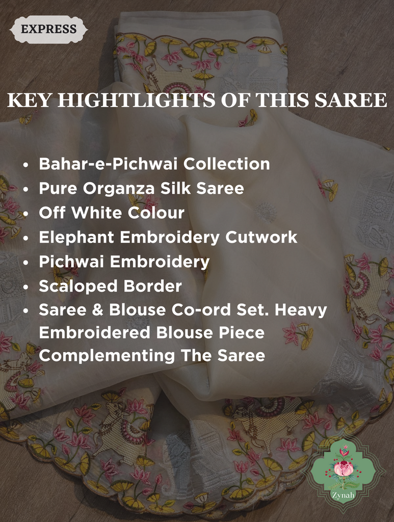 Zynah Pure Organza Silk Sarees With Elephant Pichwai Embroidery & Scallop Border; Custom Stitched/Ready-made Blouse, Fall, Petticoat; SKU: 0401202410