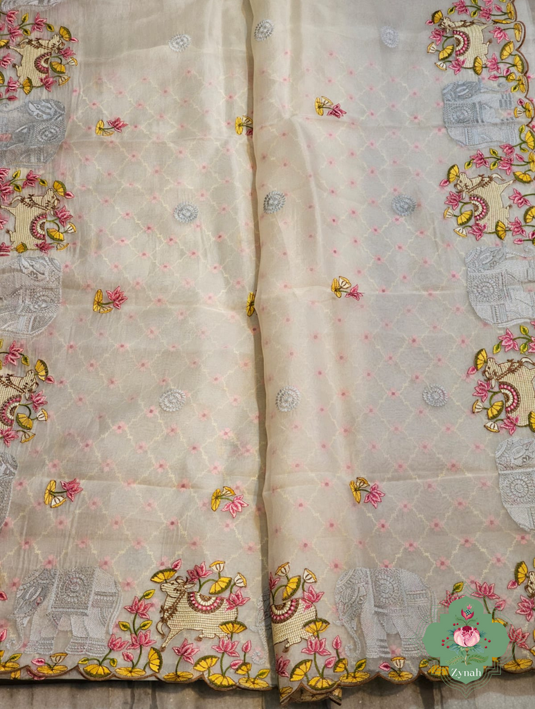 Zynah Pure Organza Silk Sarees With Elephant Pichwai Embroidery & Scallop Border; Custom Stitched/Ready-made Blouse, Fall, Petticoat; SKU: 0401202410