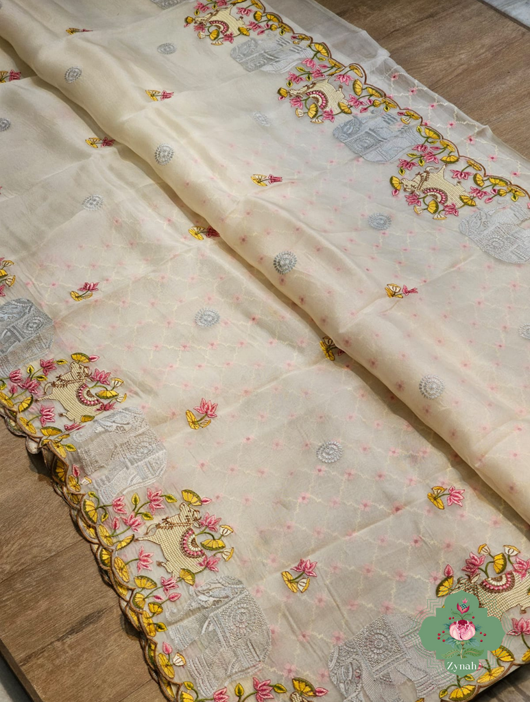 Zynah Pure Organza Silk Sarees With Elephant Pichwai Embroidery & Scallop Border; Custom Stitched/Ready-made Blouse, Fall, Petticoat; SKU: 0401202410