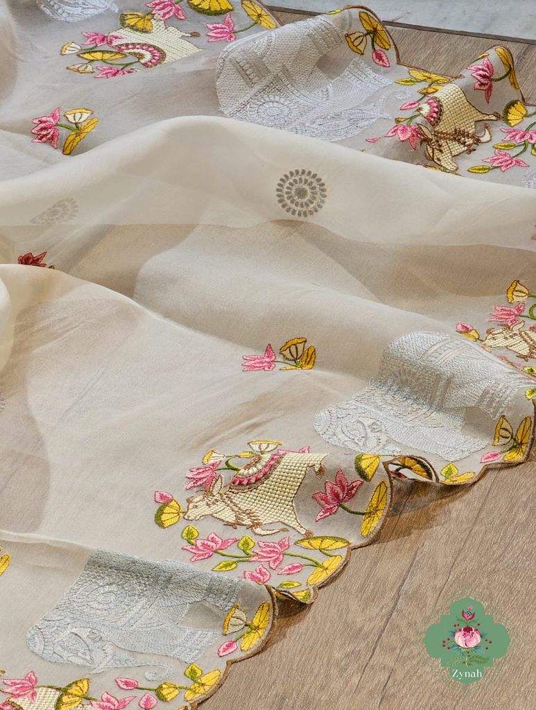 Zynah Pure Organza Silk Sarees With Elephant Pichwai Embroidery & Scallop Border; Custom Stitched/Ready-made Blouse, Fall, Petticoat; SKU: 0401202410