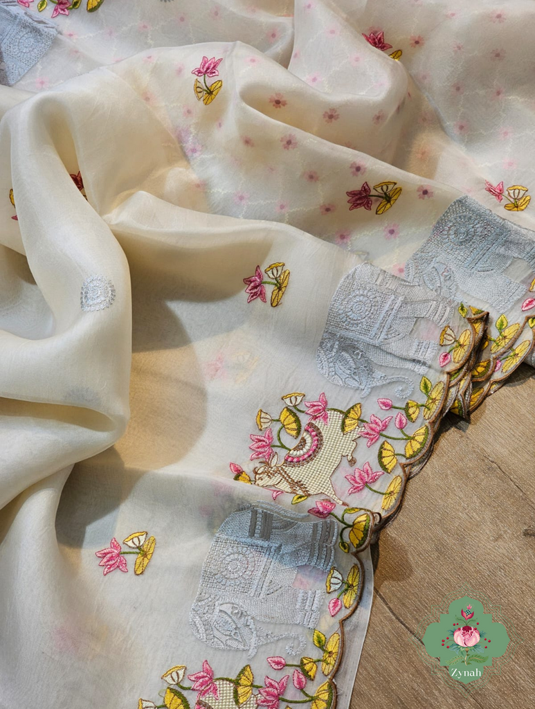 Zynah Pure Organza Silk Sarees With Elephant Pichwai Embroidery & Scallop Border; Custom Stitched/Ready-made Blouse, Fall, Petticoat; SKU: 0401202410