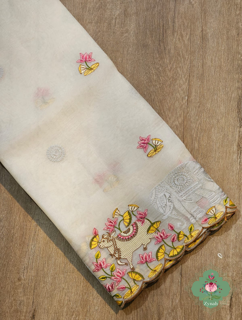 Zynah Pure Organza Silk Sarees With Elephant Pichwai Embroidery & Scallop Border; Custom Stitched/Ready-made Blouse, Fall, Petticoat; SKU: 0401202410