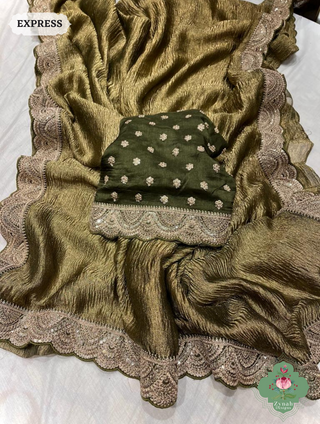 Metallic Olive Green Crushed Tissue Saree With Scalloped Border 1