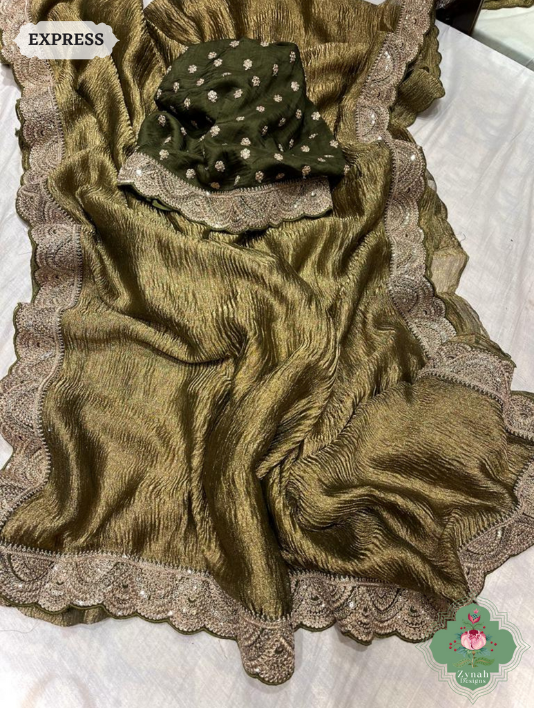 Metallic Olive Green Crushed Tissue Saree With Scalloped Border 4