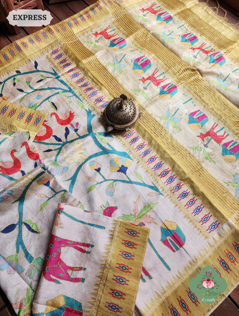 Zynah Beige & yellow Jute Linen Saree With Kantha Work; Custom Stitched/Ready-made Blouse, Fall, Petticoat; SKU: 2207202302