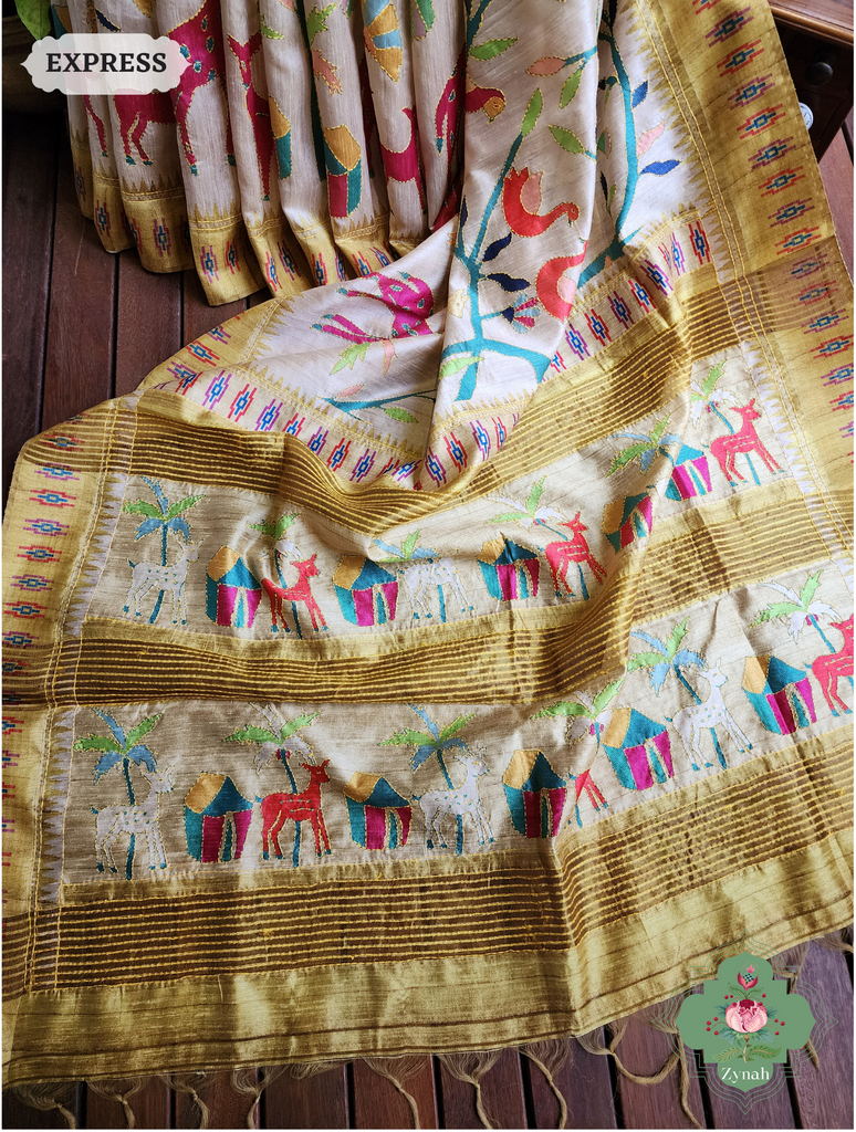 Zynah Beige & yellow Jute Linen Saree With Kantha Work; Custom Stitched/Ready-made Blouse, Fall, Petticoat; SKU: 2207202302