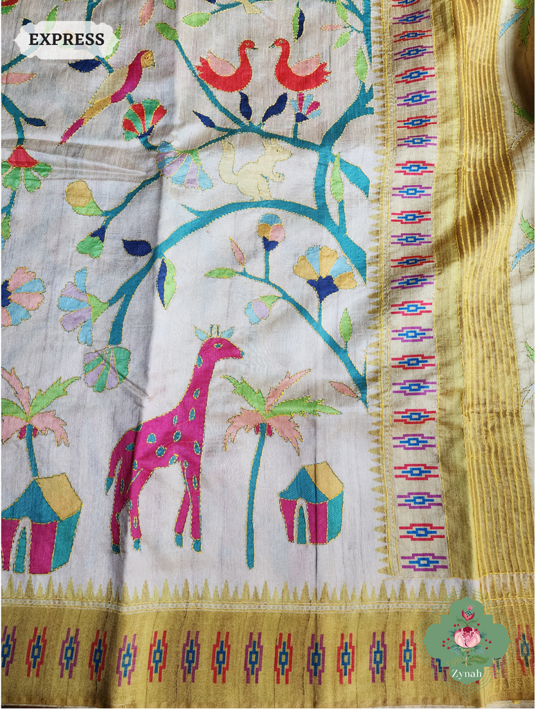 Zynah Beige & yellow Jute Linen Saree With Kantha Work; Custom Stitched/Ready-made Blouse, Fall, Petticoat; SKU: 2207202302
