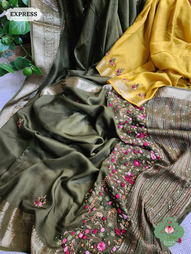 Zynah Olive Munga Silk Saree With Zari Border,French Knot & Kantha Hand Embroidery; Custom Stitched/Ready-made Blouse, Fall, Petticoat; SKU: 1111202403