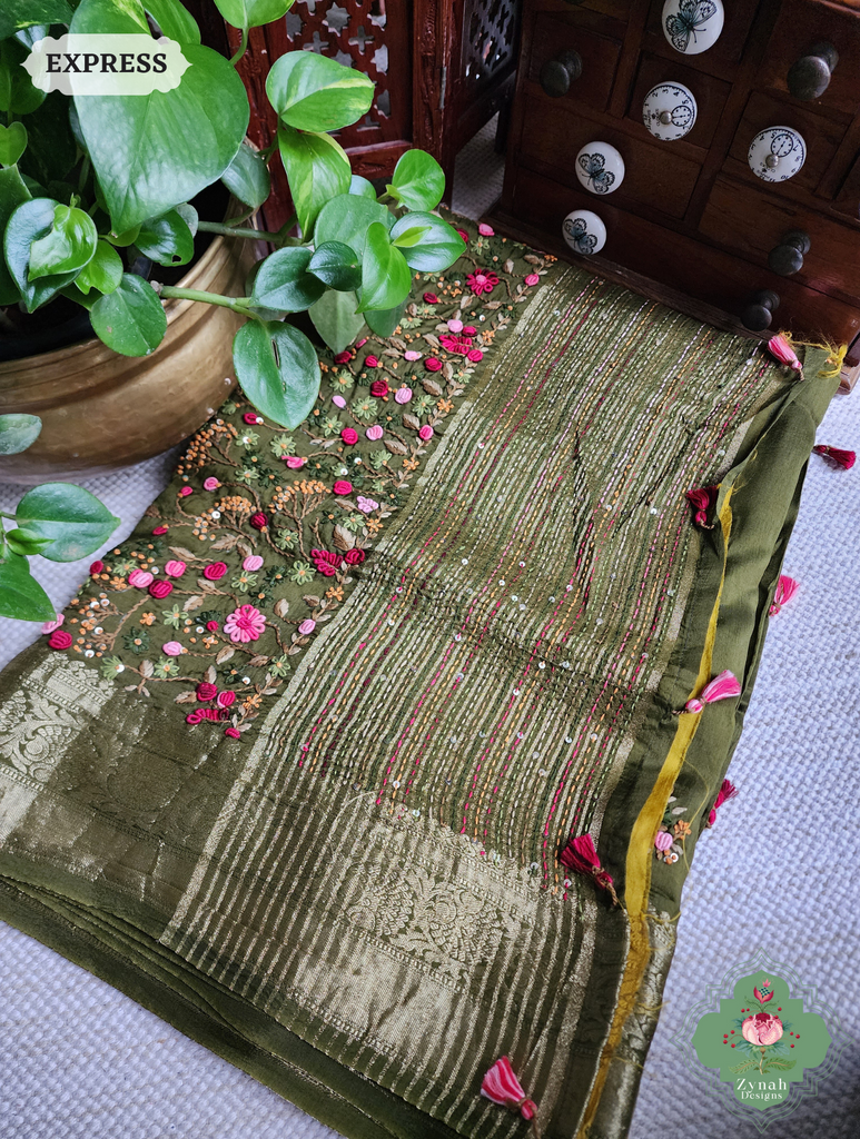 Zynah Olive Munga Silk Saree With Zari Border,French Knot & Kantha Hand Embroidery; Custom Stitched/Ready-made Blouse, Fall, Petticoat; SKU: 1111202403
