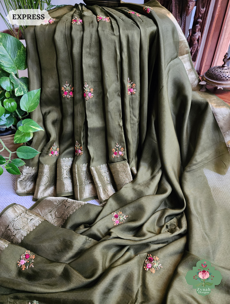 Zynah Olive Munga Silk Saree With Zari Border,French Knot & Kantha Hand Embroidery; Custom Stitched/Ready-made Blouse, Fall, Petticoat; SKU: 1111202403