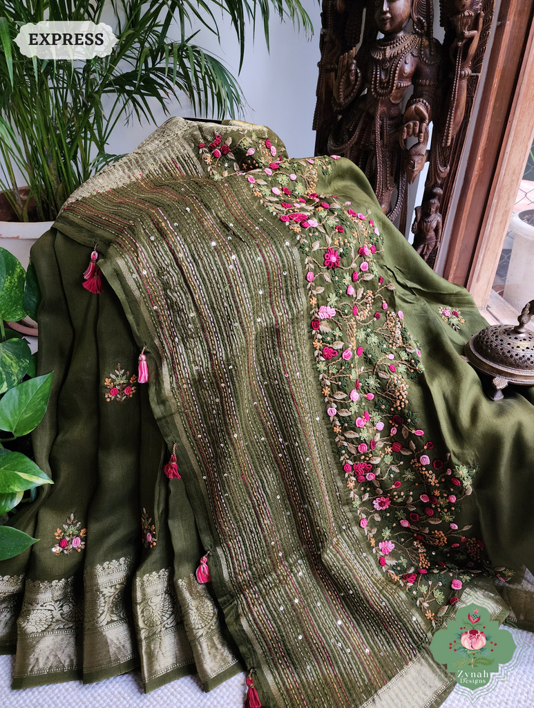 Zynah Olive Munga Silk Saree With Zari Border,French Knot & Kantha Hand Embroidery; Custom Stitched/Ready-made Blouse, Fall, Petticoat; SKU: 1111202403