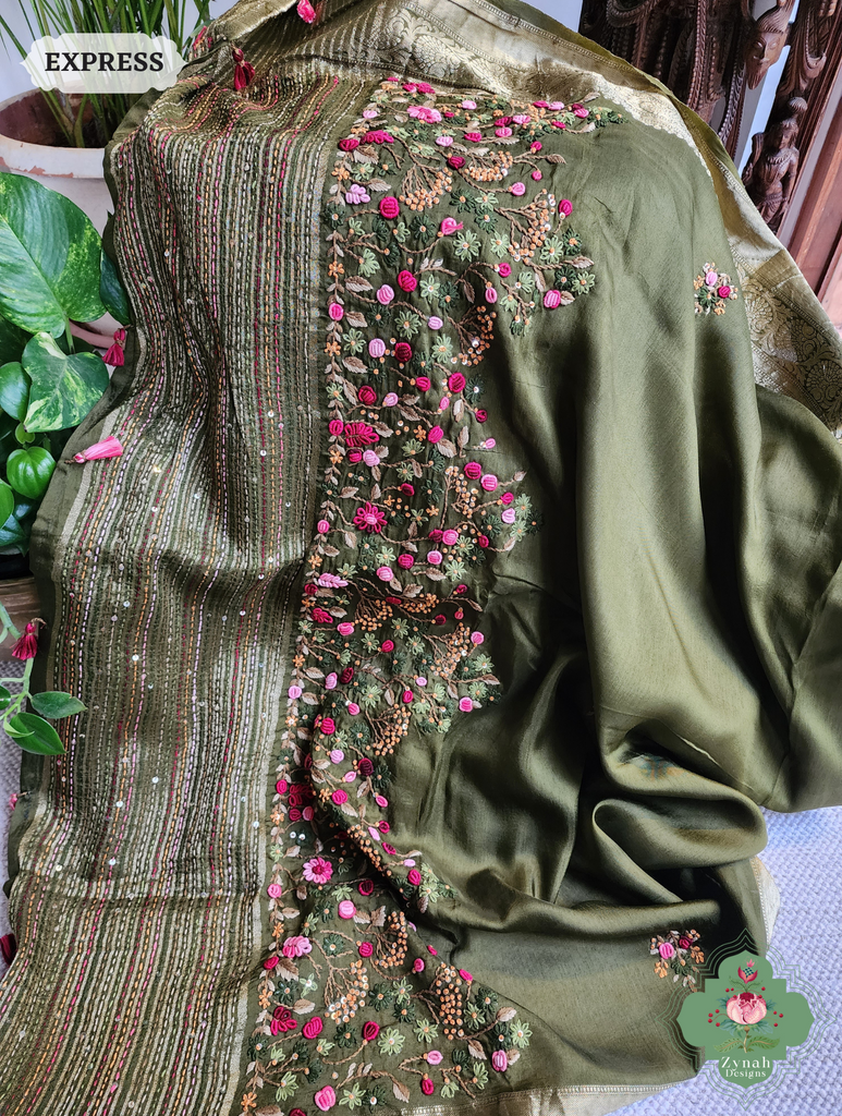 Zynah Olive Munga Silk Saree With Zari Border,French Knot & Kantha Hand Embroidery; Custom Stitched/Ready-made Blouse, Fall, Petticoat; SKU: 1111202403
