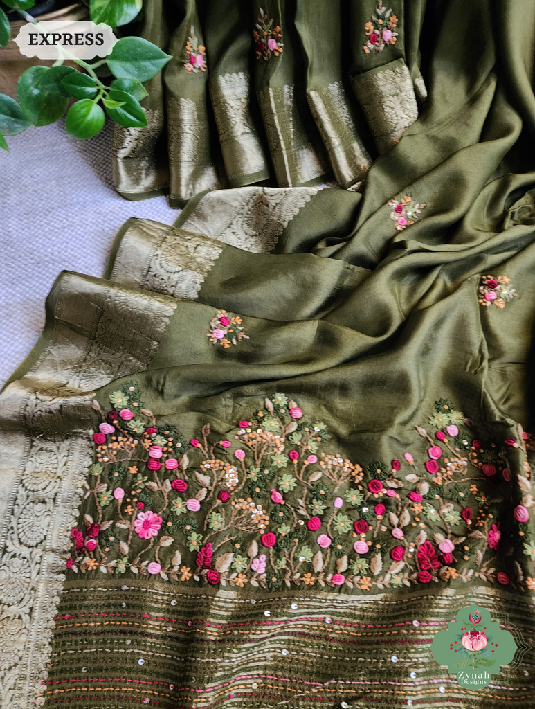 Zynah Olive Munga Silk Saree With Zari Border,French Knot & Kantha Hand Embroidery; Custom Stitched/Ready-made Blouse, Fall, Petticoat; SKU: 1111202403