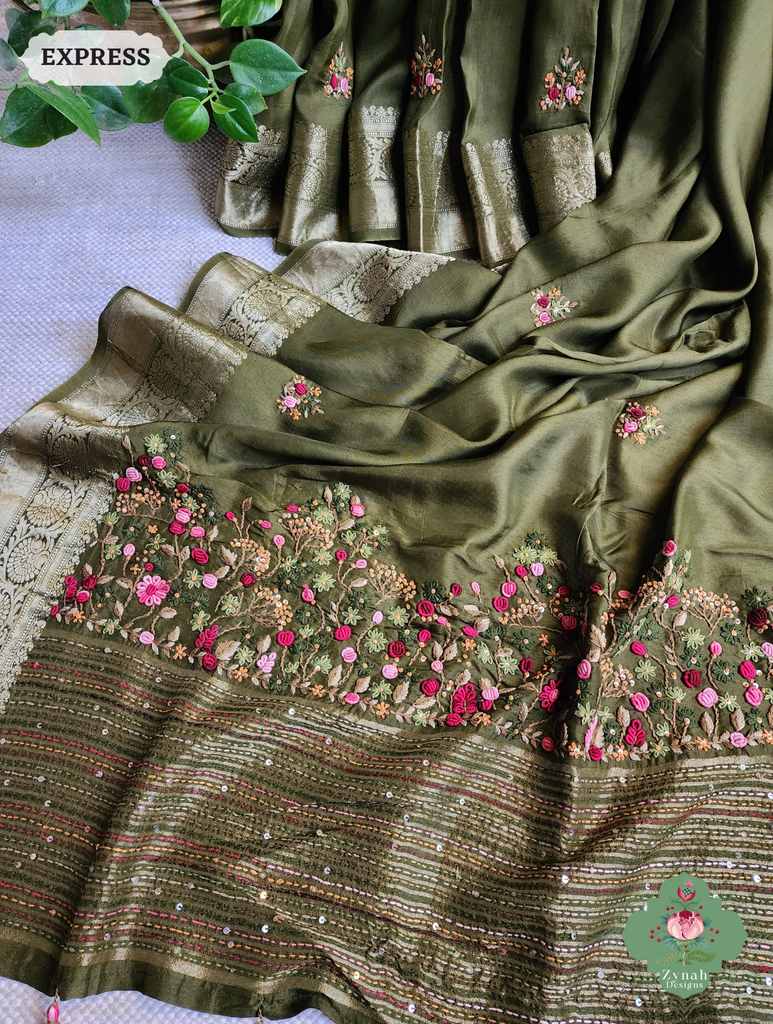 Zynah Olive Munga Silk Saree With Zari Border,French Knot & Kantha Hand Embroidery; Custom Stitched/Ready-made Blouse, Fall, Petticoat; SKU: 1111202403