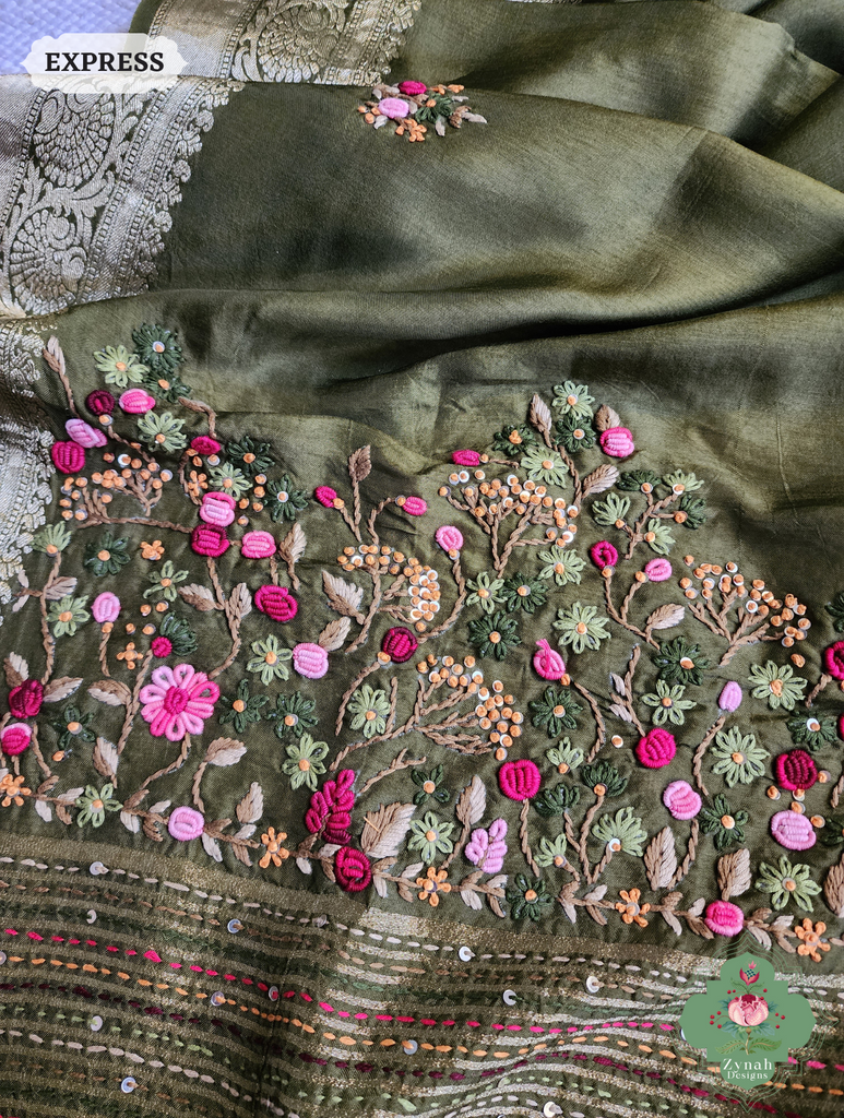 Zynah Olive Munga Silk Saree With Zari Border,French Knot & Kantha Hand Embroidery; Custom Stitched/Ready-made Blouse, Fall, Petticoat; SKU: 1111202403