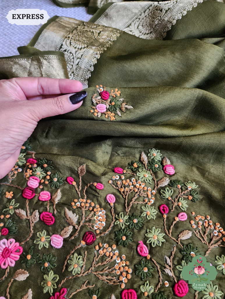 Zynah Olive Munga Silk Saree With Zari Border,French Knot & Kantha Hand Embroidery; Custom Stitched/Ready-made Blouse, Fall, Petticoat; SKU: 1111202403