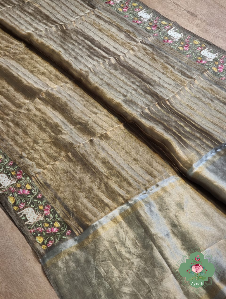 Olive Pure Silver Tissue Silk Saree With Banarasi Stripes, Katan Pallu & Pichwai Embroidery 6