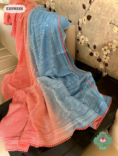 Blue / Orange Ombre Georgette Saree With All Over Sequins Work