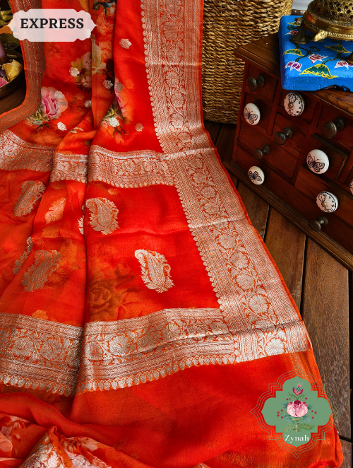 Zynah Orange Pure Khaddi Georgette Floral Banarasi Saree With Silver Zari; Custom Stitched/Ready-made Blouse, Fall, Petticoat; SKU: 2804202301