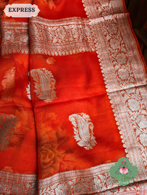 Zynah Orange Pure Khaddi Georgette Floral Banarasi Saree With Silver Zari; Custom Stitched/Ready-made Blouse, Fall, Petticoat; SKU: 2804202301