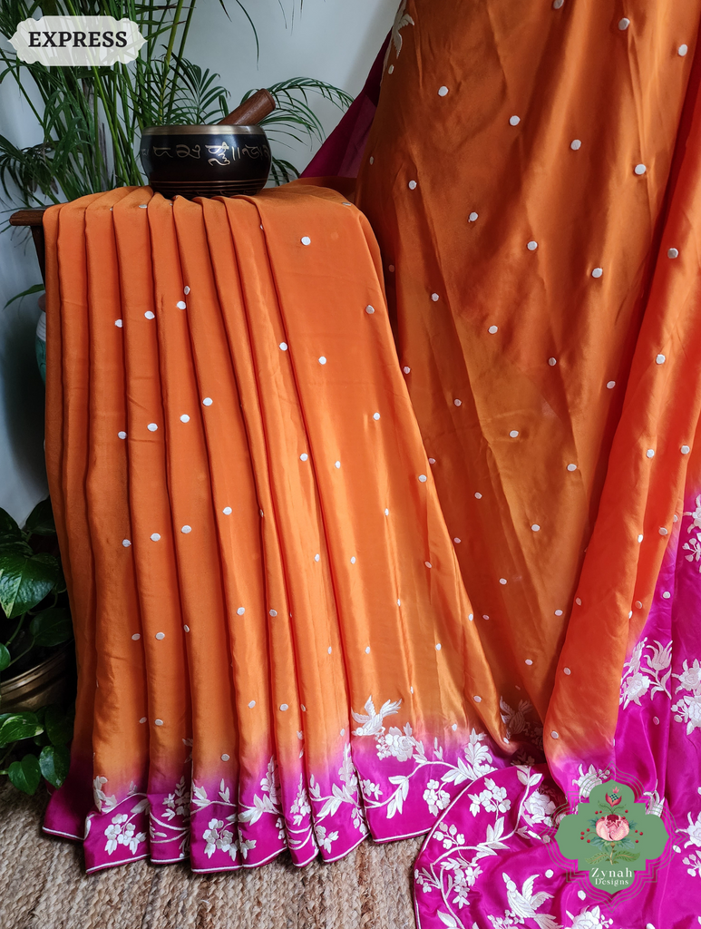 Zynah Orange / Pink Pure Crepe Silk Hand Embroidered Authentic Parsi Gara Saree; Custom Stitched/Ready-made Blouse, Fall, Petticoat; SKU: 2008202506