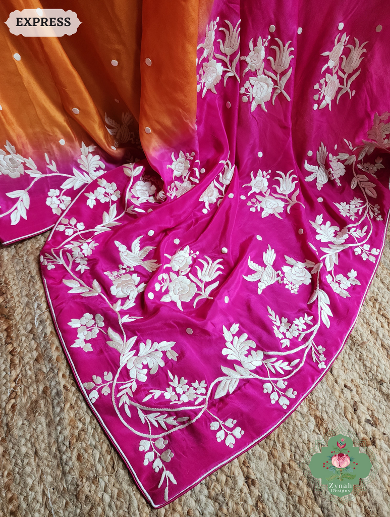 Zynah Orange / Pink Pure Crepe Silk Hand Embroidered Authentic Parsi Gara Saree; Custom Stitched/Ready-made Blouse, Fall, Petticoat; SKU: 2008202506
