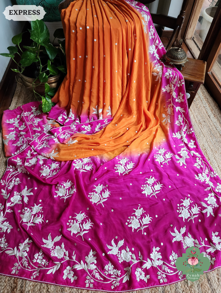 Zynah Orange / Pink Pure Crepe Silk Hand Embroidered Authentic Parsi Gara Saree; Custom Stitched/Ready-made Blouse, Fall, Petticoat; SKU: 2008202506