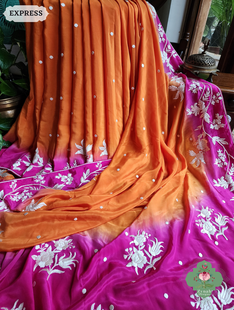 Zynah Orange / Pink Pure Crepe Silk Hand Embroidered Authentic Parsi Gara Saree; Custom Stitched/Ready-made Blouse, Fall, Petticoat; SKU: 2008202506