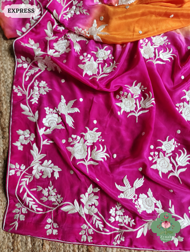 Zynah Orange / Pink Pure Crepe Silk Hand Embroidered Authentic Parsi Gara Saree; Custom Stitched/Ready-made Blouse, Fall, Petticoat; SKU: 2008202506
