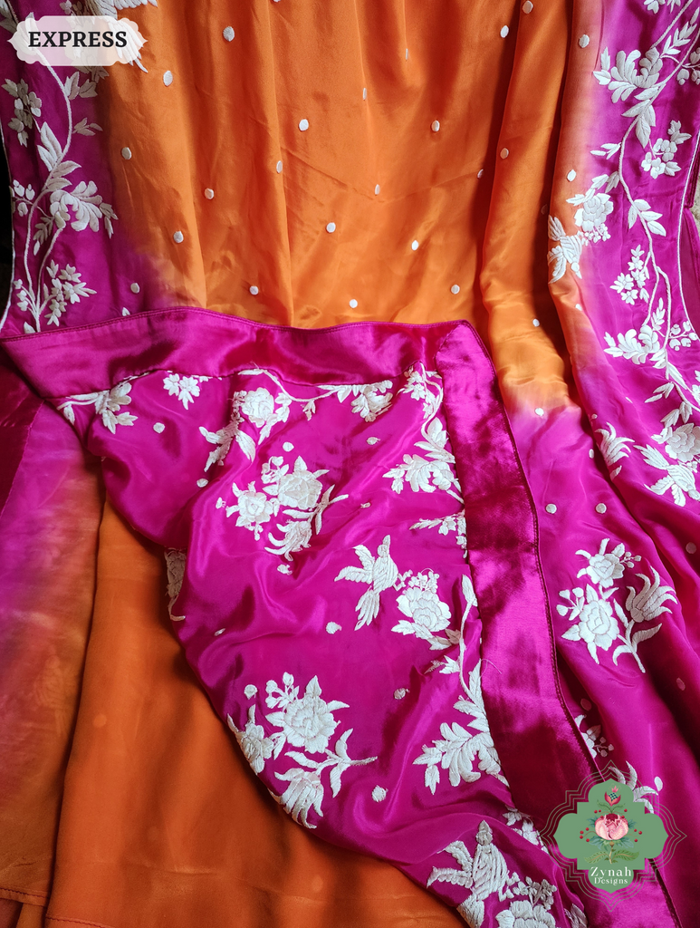 Zynah Orange / Pink Pure Crepe Silk Hand Embroidered Authentic Parsi Gara Saree; Custom Stitched/Ready-made Blouse, Fall, Petticoat; SKU: 2008202506