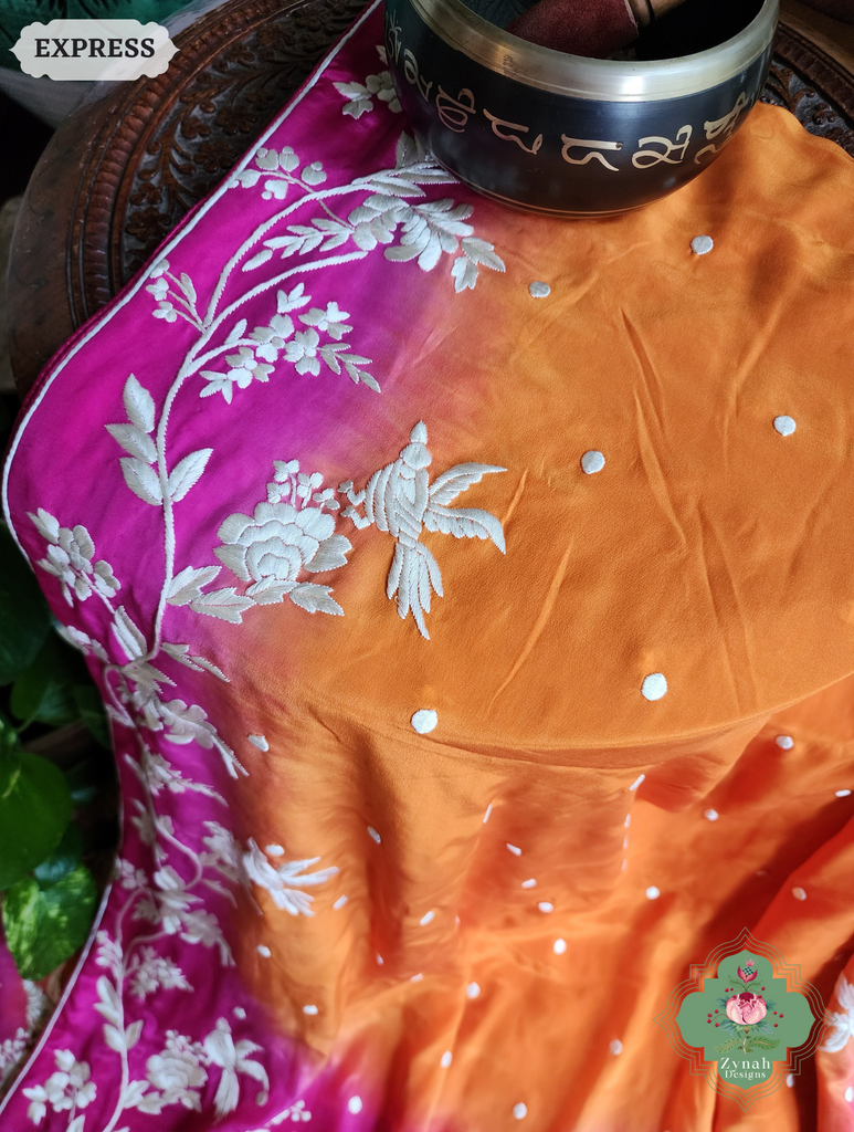 Zynah Orange / Pink Pure Crepe Silk Hand Embroidered Authentic Parsi Gara Saree; Custom Stitched/Ready-made Blouse, Fall, Petticoat; SKU: 2008202506