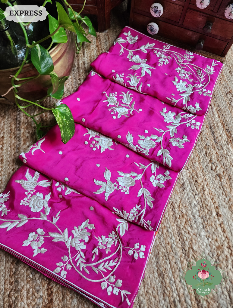 Zynah Orange / Pink Pure Crepe Silk Hand Embroidered Authentic Parsi Gara Saree; Custom Stitched/Ready-made Blouse, Fall, Petticoat; SKU: 2008202506