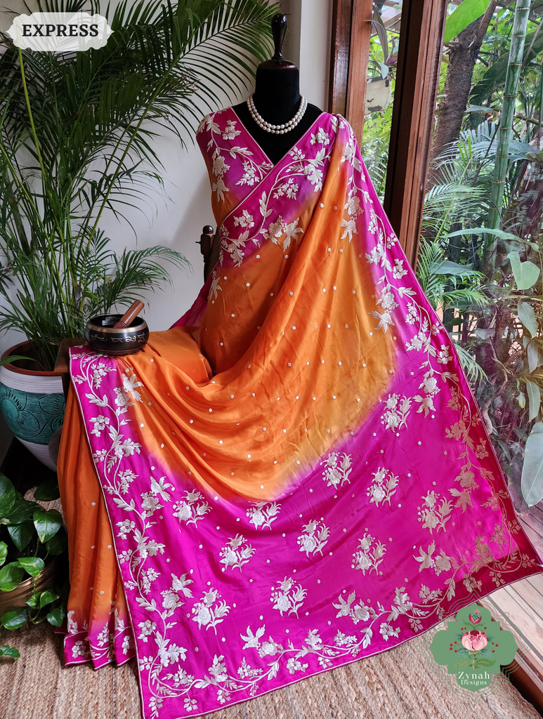 Zynah Orange / Pink Pure Crepe Silk Hand Embroidered Authentic Parsi Gara Saree; Custom Stitched/Ready-made Blouse, Fall, Petticoat; SKU: 2008202506