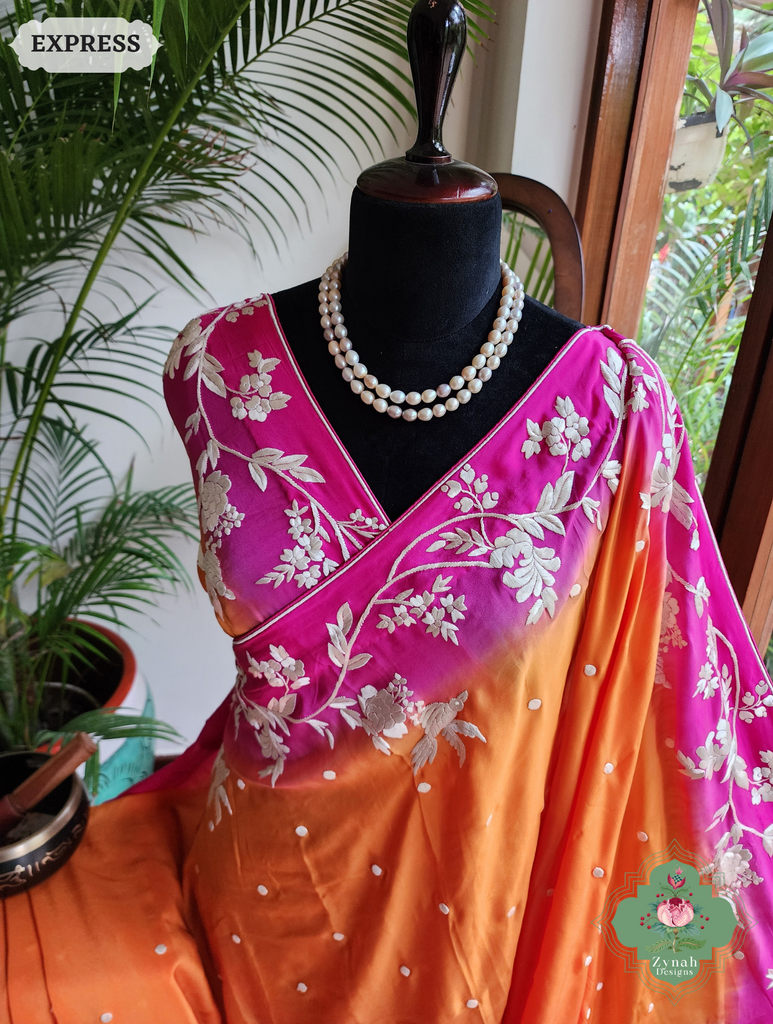 Zynah Orange / Pink Pure Crepe Silk Hand Embroidered Authentic Parsi Gara Saree; Custom Stitched/Ready-made Blouse, Fall, Petticoat; SKU: 2008202506